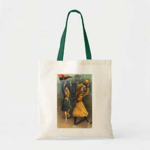 Vintage sport, damesbasketbalteam in actie tote bag