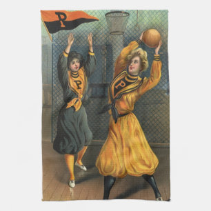 Vintage sport, damesbasketbalteam tijdens wedstrij theedoek