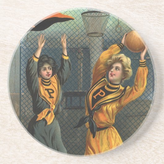 Vintage sport, damesbasketbalteam tijdens wedstrij zandsteen onderzetter (Voorkant)