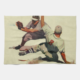 Vintage sport honkbal, speler die naar thuis glijd theedoek