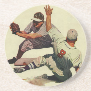 Vintage Sport Honkbal, Speler die naar Thuis glijd Zandsteen Onderzetter
