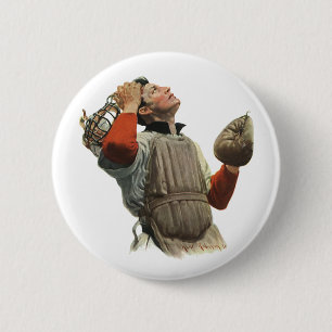 Vintage sport honkbalspeler, catcher kijkt omhoog ronde button 5,7 cm