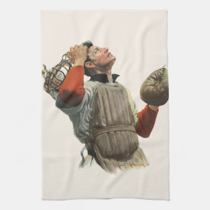 Vintage sport honkbalspeler, catcher kijkt omhoog theedoek