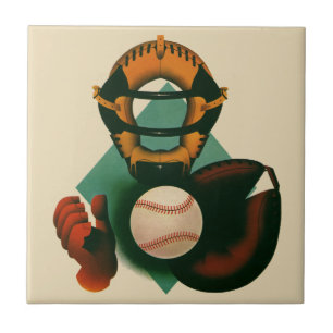 Vintage sport honkbalspeler, catcher met handschoe tegeltje
