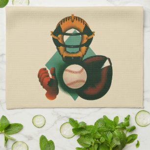 Vintage sport honkbalspeler, catcher met handschoe theedoek