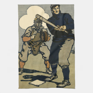 Vintage sport honkbalspelers, gestileerde kunst theedoek