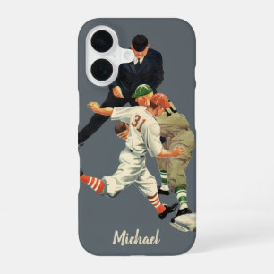 Vintage sport honkbalspelers veilig op thuisplaat iPhone 16 hoesje