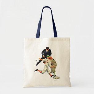 Vintage sport honkbalspelers veilig op thuisplaat tote bag