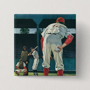 Vintage sport honkbalspelers werper op heuvel vierkante button 5,1 cm