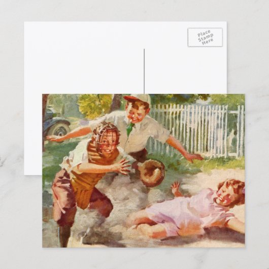 Vintage sport, kinderen spelen stickball-honkbal briefkaart (Voorkant / Achterkant)