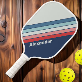 Vintage Sport Marineblauw Gestreept met Naam Pickleball Paddle