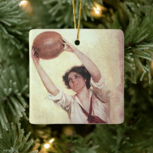 Vintage sport, vrouwelijke basketbalspeler met bal keramisch ornament