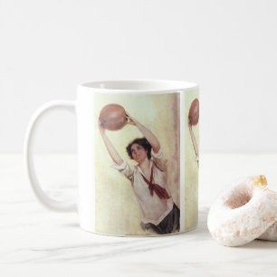 Vintage sport, vrouwelijke basketbalspeler met bal koffiemok