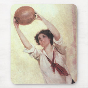 Vintage sport, vrouwelijke basketbalspeler met bal muismat