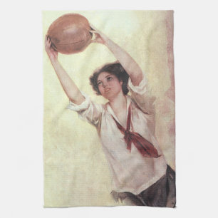 Vintage sport, vrouwelijke basketbalspeler met bal theedoek