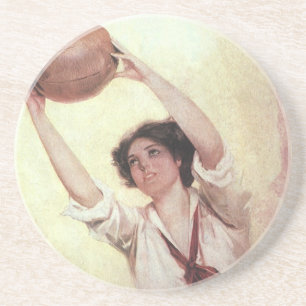 Vintage sport, vrouwelijke basketbalspeler met bal zandsteen onderzetter