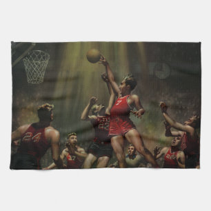 Vintage sportbasketbal, spelers in een wedstrijd theedoek