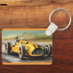 Vintage sportracer, gele raceauto-coureur sleutelhanger