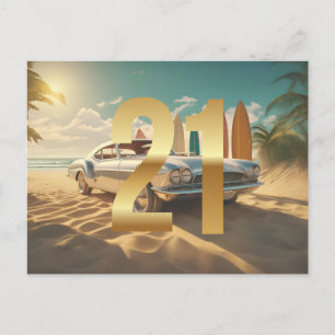 Vintage sportwagen tropisch strand 21ste verjaarda briefkaart