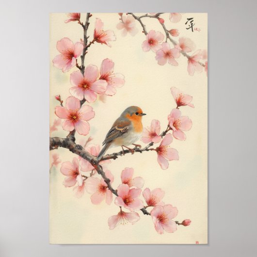 Vintage Spring Bird Cherry Blossom Wall Art Poster (Voorkant)