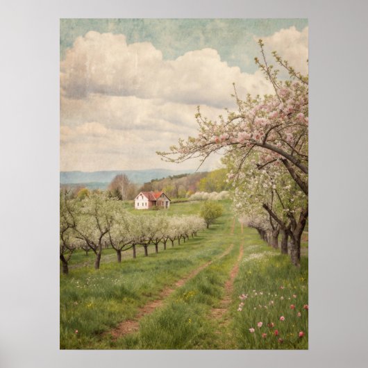 Vintage Spring Blossom Orchard Cottage Art Poster (Voorkant)