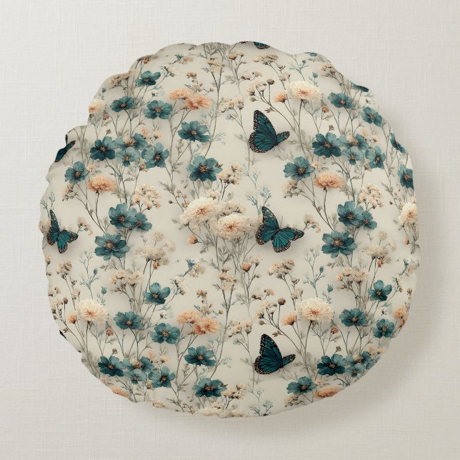 Vintage Spring Flowers and Butterflies Rond Kussen (Voorkant)