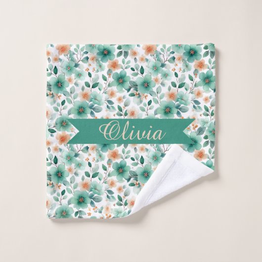 Vintage Spring Green Floral Personalized Bad Handdoek (Wasdoekje)