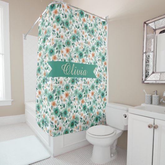 Vintage Spring Green Floral Personalized Douchegordijn (In situ)