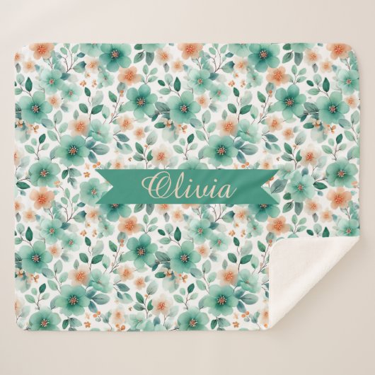 Vintage Spring Green Floral Personalized Sherpa Deken (Voorkant (horizontaal))