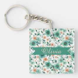 Vintage Spring Green Floral Personalized Sleutelhanger