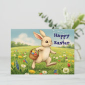 Vintage Spring Meadow Easter Bunny Feestdagenkaart (Staand voorkant)