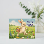 Vintage Spring Meadow Easter Bunny Feestdagenkaart (Staand voorkant)