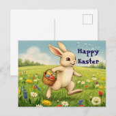 Vintage Spring Meadow Easter Bunny Feestdagenkaart (Voorkant / Achterkant)