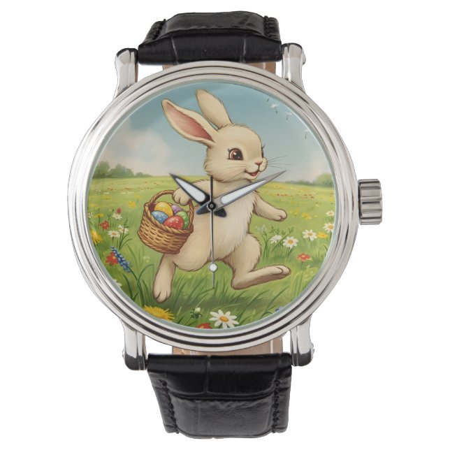 Vintage Spring Meadow Easter Bunny  Horloge (Voorkant)