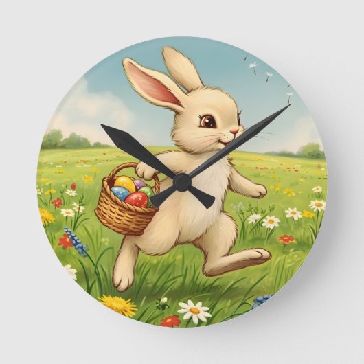 Vintage Spring Meadow Easter Bunny Ronde Klok (Voorkant)