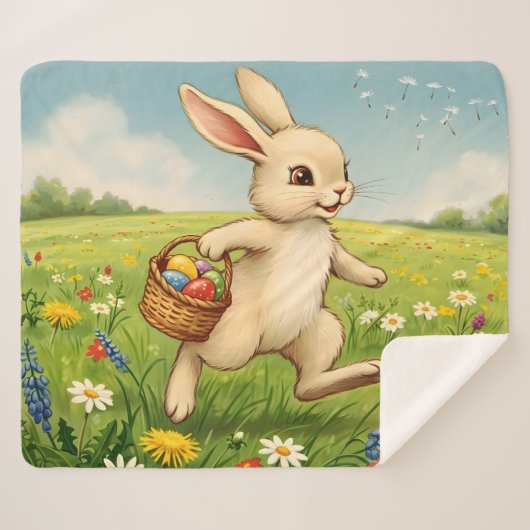 Vintage Spring Meadow Easter Bunny Sherpa Deken (Voorkant (horizontaal))