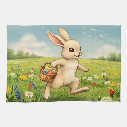 Vintage Spring Meadow Easter Bunny  Theedoek (Horizontaal)
