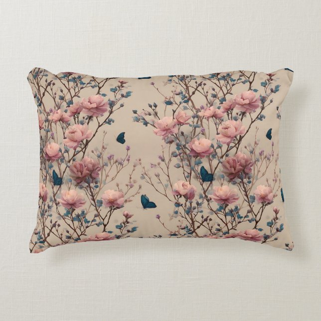 Vintage Spring Roses with Blue Butterflies Accent Kussen (Voorkant)