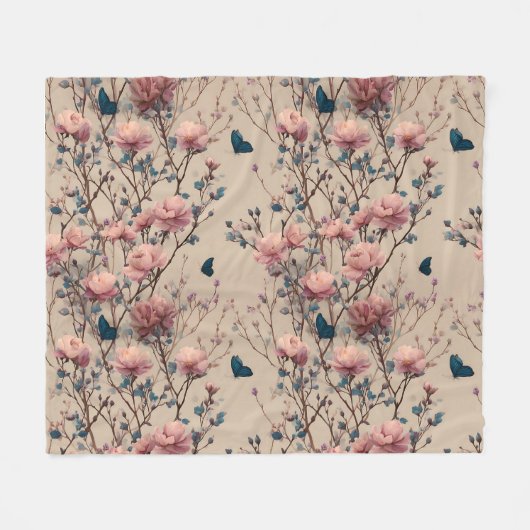 Vintage Spring Roses with Blue Butterflies Fleece Deken (Voorkant (Horizontaal))