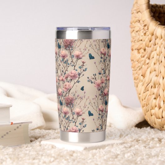 Vintage Spring Roses with Blue Butterflies Geïsoleerde Drinkbeker (Woonkamer (Gedraaid) )