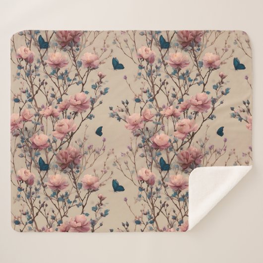 Vintage Spring Roses with Blue Butterflies Sherpa Deken (Voorkant (horizontaal))
