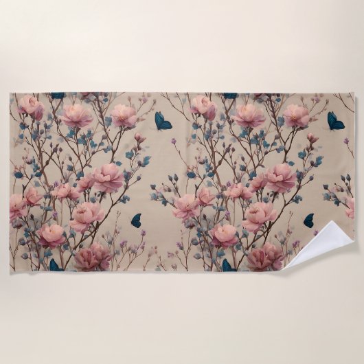 Vintage Spring Roses with Blue Butterflies Strandlaken (Voorkant)