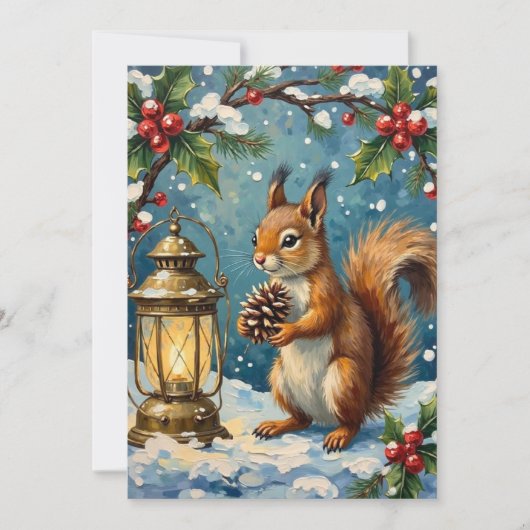 Vintage Squirrel with Christmas Lantern Winter Feestdagenkaart (Voorkant)