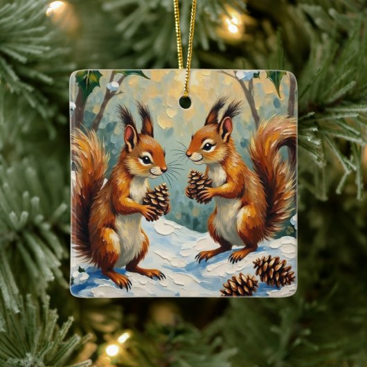 Vintage Squirrels Gathering Pinecones Christmas Keramisch Ornament (Boom)