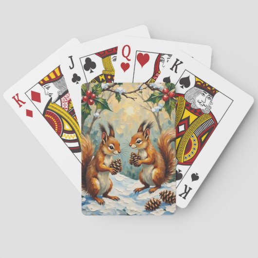 Vintage Squirrels Gathering Pinecones Christmas Pokerkaarten (Achterkant)