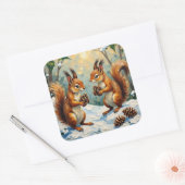 Vintage Squirrels Gathering Pinecones Christmas Vierkante Sticker (Envelop)