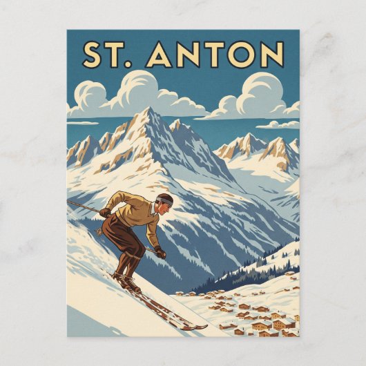 Vintage St. Anton Austria Skier Skiing Briefkaart (Voorkant)
