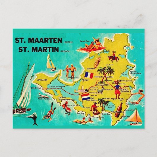 Vintage St Martin Eiland Kaart Ansichtkaart (Voorkant)