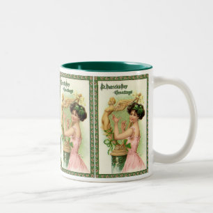 Vintage St. Patrick's Day-dame muziekmuzikant harp Tweekleurige Koffiemok