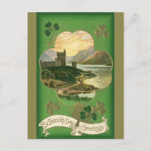 Vintage St. Patricks Day Greetings Castle Shamrock Briefkaart (Voorkant)
